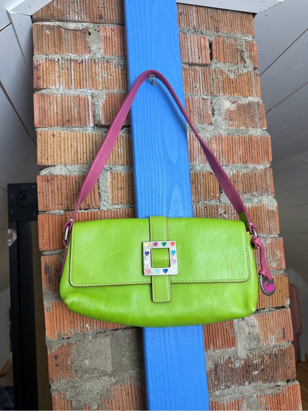 Vintage Dooney & Bourke Leather Lime Green Shoulder Bag with Pink Strap